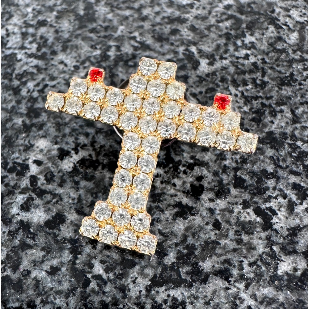 Vintage Rhinestone Airplane Brooch Gold Tone Aircraft Pin Red Lights‎ Aviation